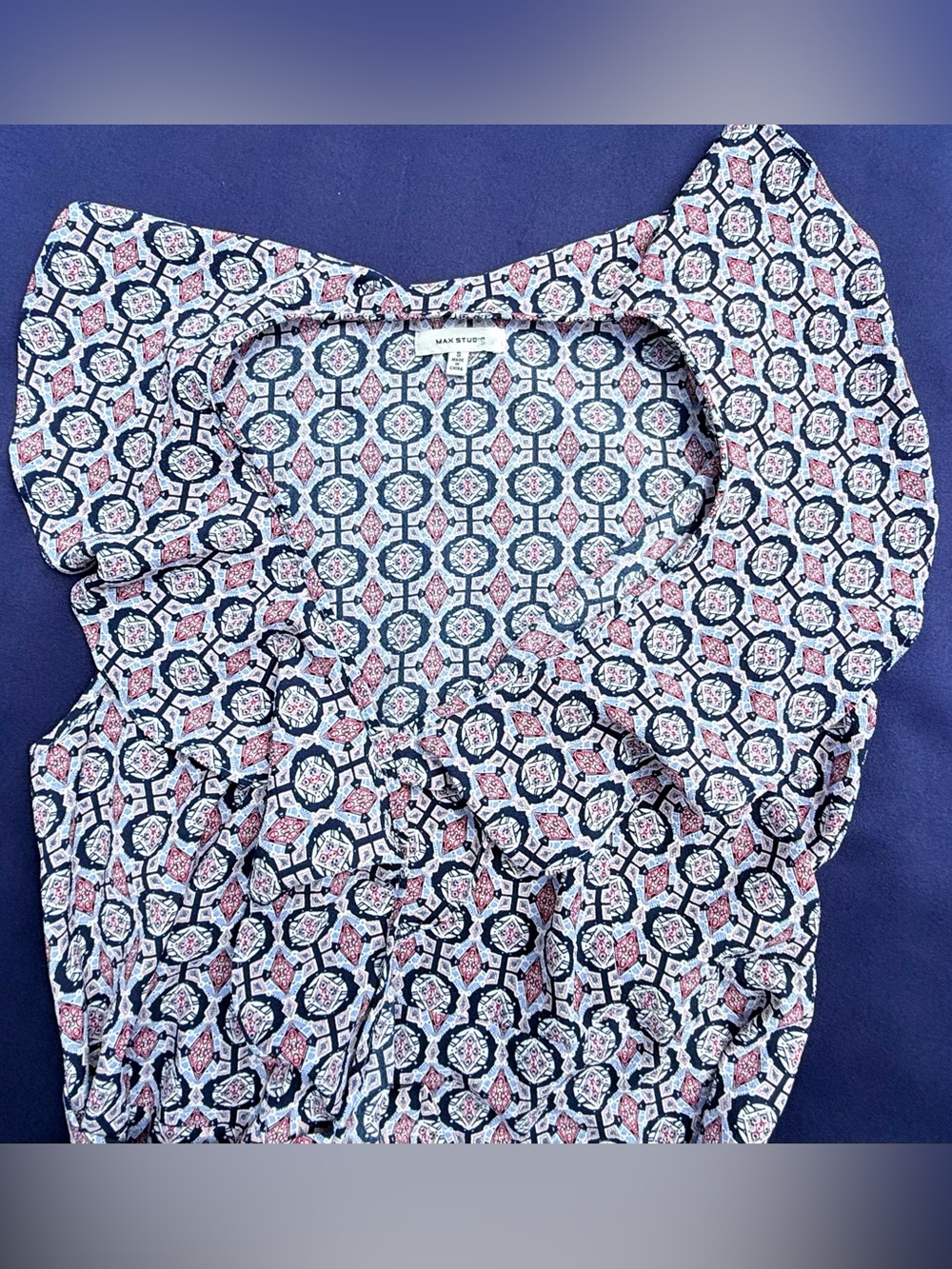 Max Studio Geometric Ruffle Front Wrap Dress Small Blue Red